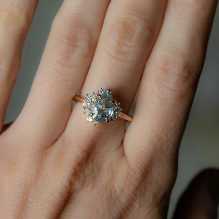Anueva Jewelry Rings 221ct Pastel Pear Sapphire and Diamond Asymmetrical Cluster Ring in 14k Yellow Gold