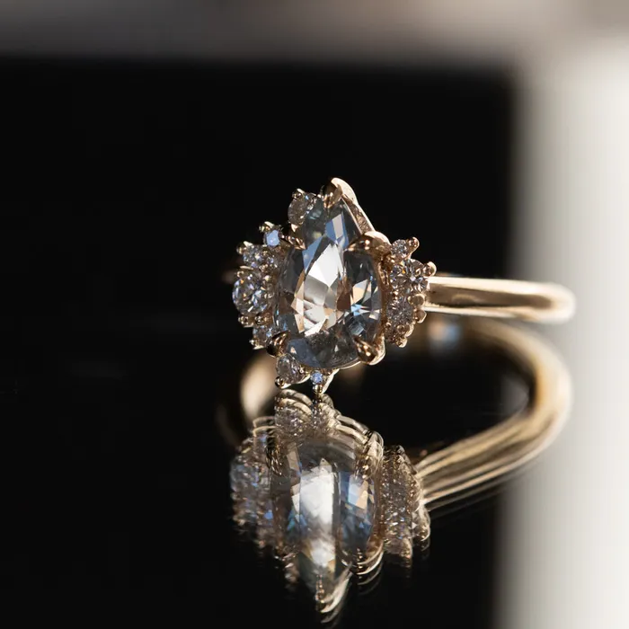 Anueva Jewelry Rings 221ct Pastel Pear Sapphire and Diamond Asymmetrical Cluster Ring in 14k Yellow Gold