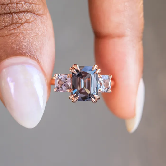 Anueva Jewelry Rings 301ct Grey Spinel Three Stone Ring in 14k Rose Gold