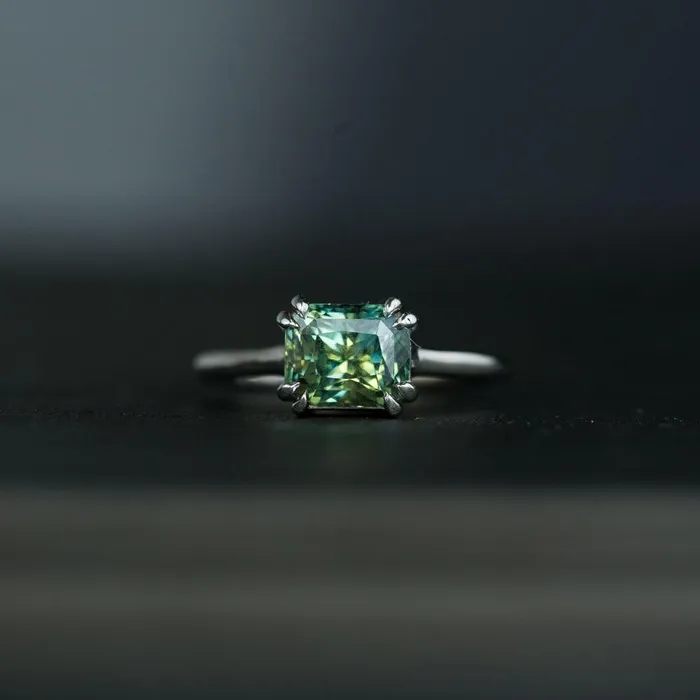 Anueva Jewelry Rings 356ct Parti Radiant Cut Sapphire Ring BlueGreenYellowTeal with Double Claw Prongs in 14k White Gold