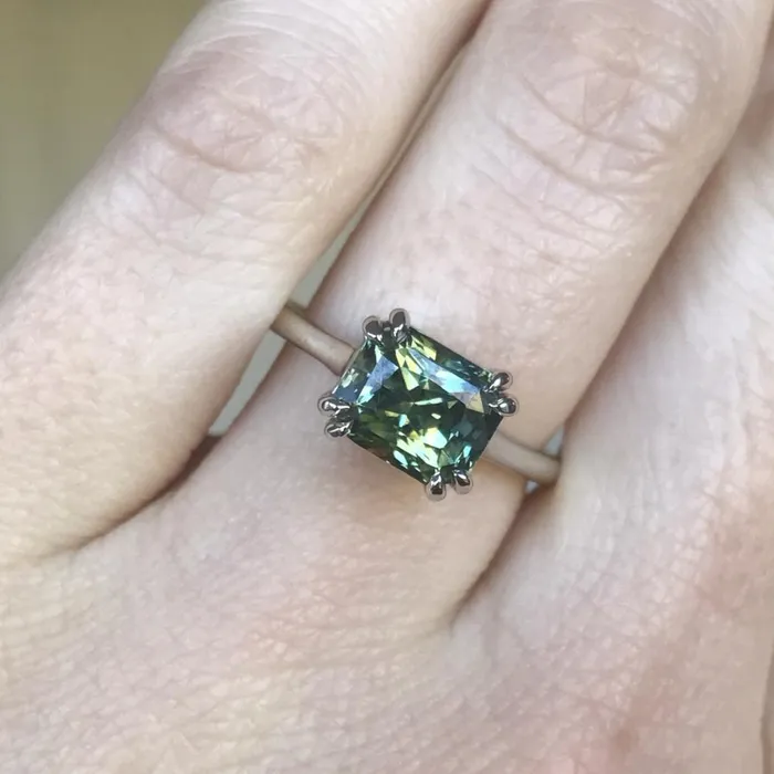 Anueva Jewelry Rings 356ct Parti Radiant Cut Sapphire Ring BlueGreenYellowTeal with Double Claw Prongs in 14k White Gold