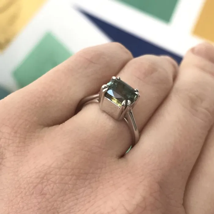 Anueva Jewelry Rings 356ct Parti Radiant Cut Sapphire Ring BlueGreenYellowTeal with Double Claw Prongs in 14k White Gold