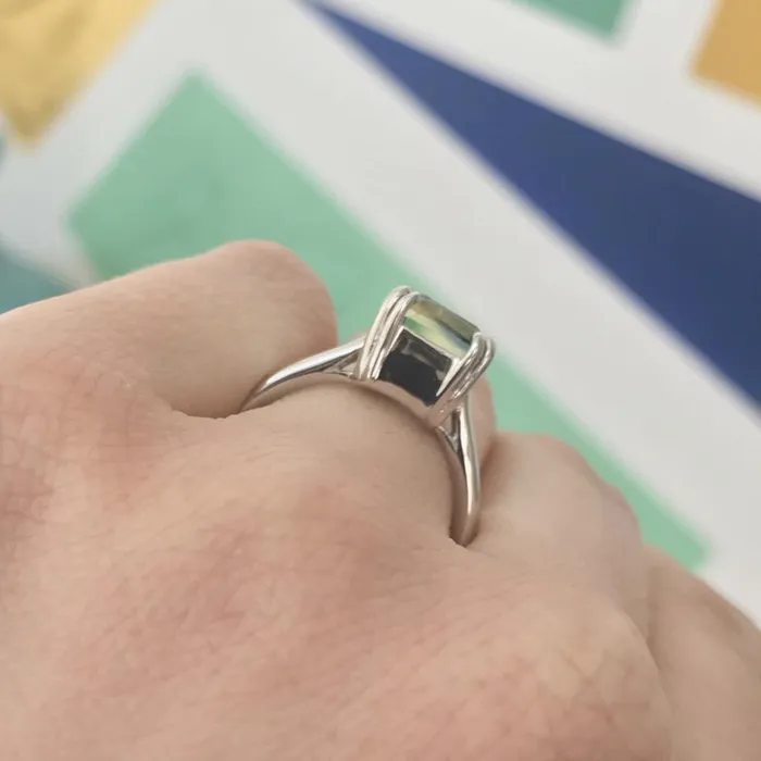 Anueva Jewelry Rings 356ct Parti Radiant Cut Sapphire Ring BlueGreenYellowTeal with Double Claw Prongs in 14k White Gold