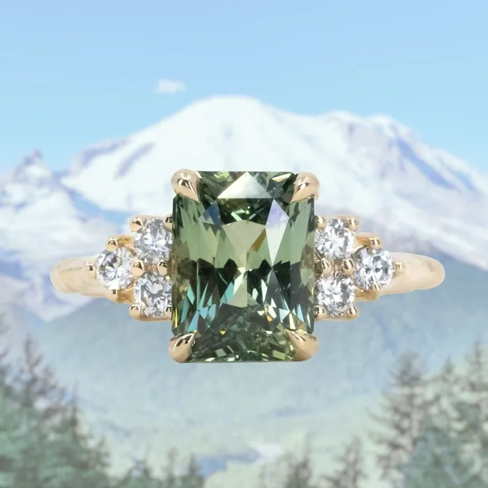 Anueva Jewelry Rings 359ct Olive GreenGrey Untreated Radiant Cut Sapphire and Diamond Cluster Evergreen Ring in 14k Yellow Gold Anueva Jewelry Rings 359ct Olive GreenGrey Untreated Radiant Cut Sapphire and Diamond Cluster Evergreen Ring in 14k Yellow Gold