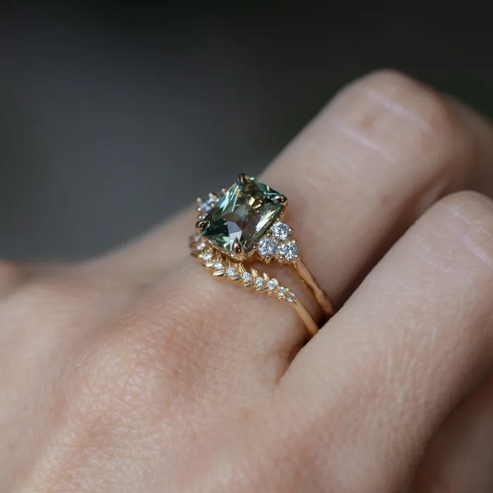 Anueva Jewelry Rings 359ct Olive GreenGrey Untreated Radiant Cut Sapphire and Diamond Cluster Evergreen Ring in 14k Yellow Gold
