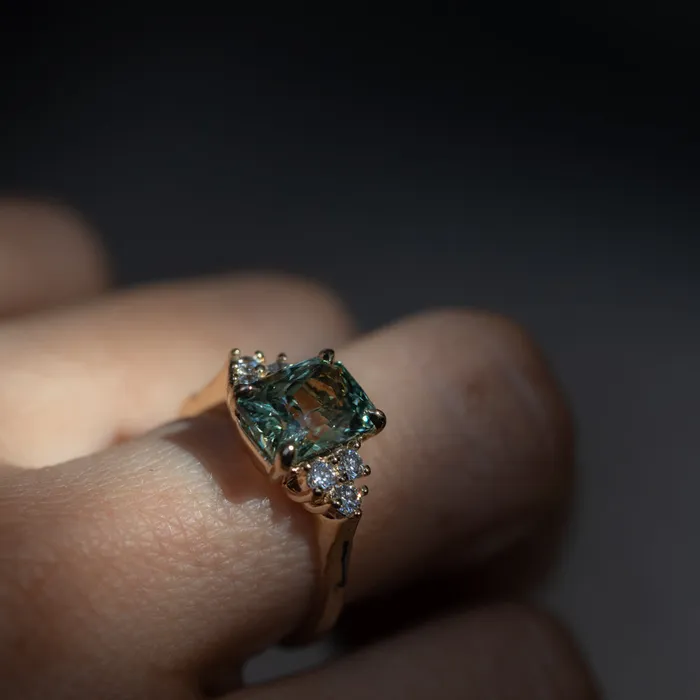 Anueva Jewelry Rings 359ct Olive GreenGrey Untreated Radiant Cut Sapphire and Diamond Cluster Evergreen Ring in 14k Yellow Gold