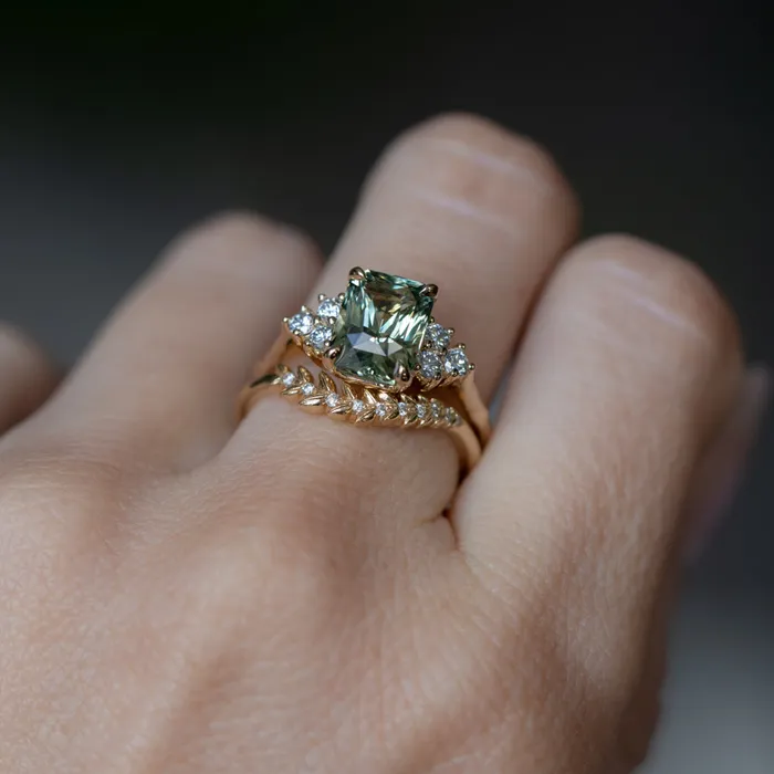 Anueva Jewelry Rings 359ct Olive GreenGrey Untreated Radiant Cut Sapphire and Diamond Cluster Evergreen Ring in 14k Yellow Gold