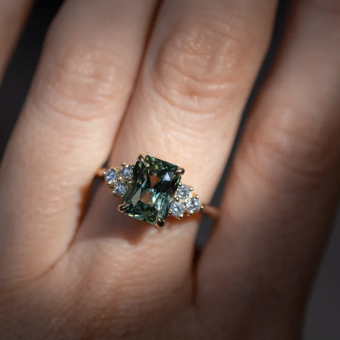 Anueva Jewelry Rings 359ct Olive GreenGrey Untreated Radiant Cut Sapphire and Diamond Cluster Evergreen Ring in 14k Yellow Gold