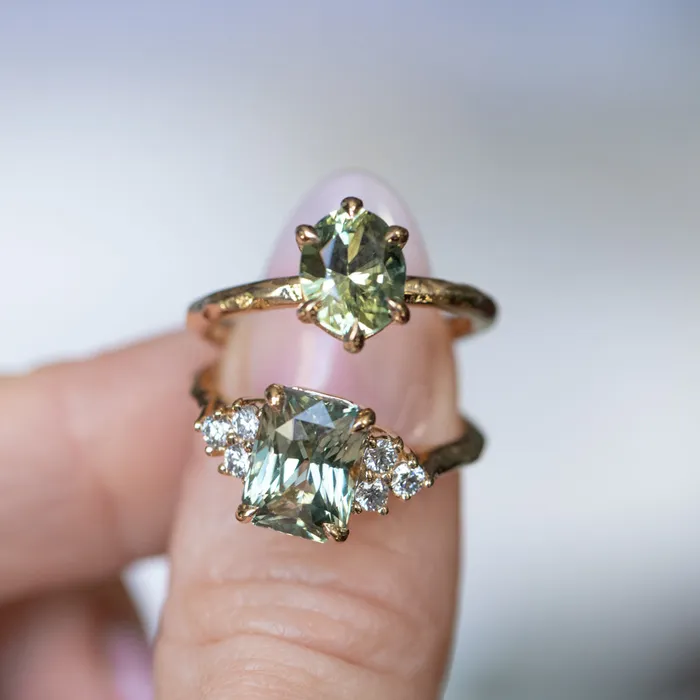 Anueva Jewelry Rings 359ct Olive GreenGrey Untreated Radiant Cut Sapphire and Diamond Cluster Evergreen Ring in 14k Yellow Gold