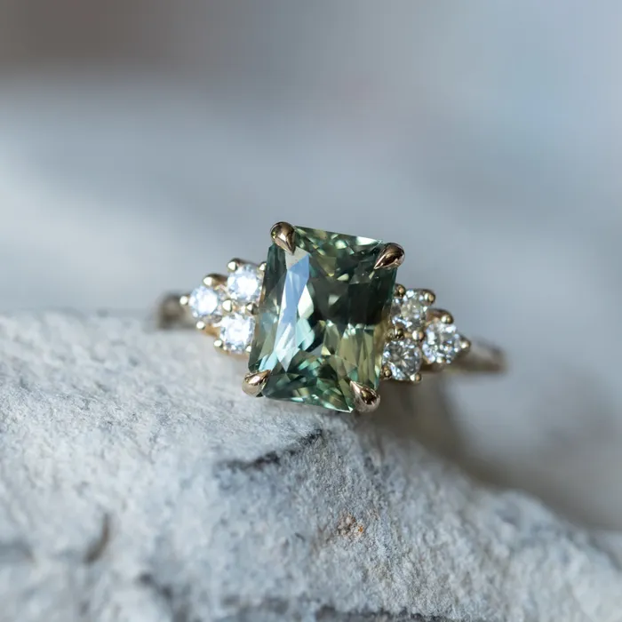 Anueva Jewelry Rings 359ct Olive GreenGrey Untreated Radiant Cut Sapphire and Diamond Cluster Evergreen Ring in 14k Yellow Gold