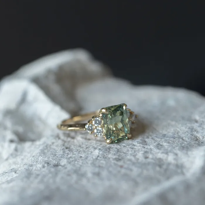 Anueva Jewelry Rings 359ct Olive GreenGrey Untreated Radiant Cut Sapphire and Diamond Cluster Evergreen Ring in 14k Yellow Gold