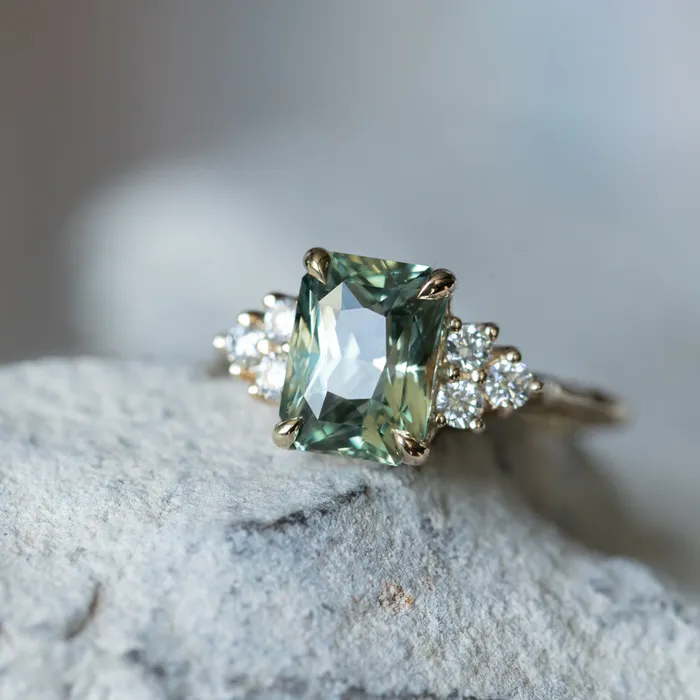 Anueva Jewelry Rings 359ct Olive GreenGrey Untreated Radiant Cut Sapphire and Diamond Cluster Evergreen Ring in 14k Yellow Gold