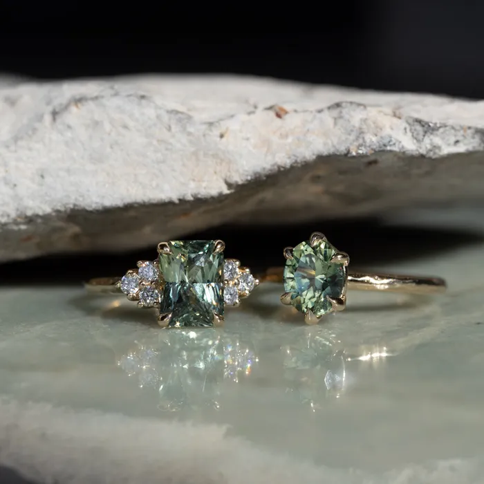 Anueva Jewelry Rings 359ct Olive GreenGrey Untreated Radiant Cut Sapphire and Diamond Cluster Evergreen Ring in 14k Yellow Gold