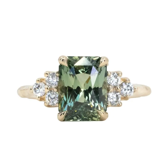 Anueva Jewelry Rings 359ct Olive GreenGrey Untreated Radiant Cut Sapphire and Diamond Cluster Evergreen Ring in 14k Yellow Gold
