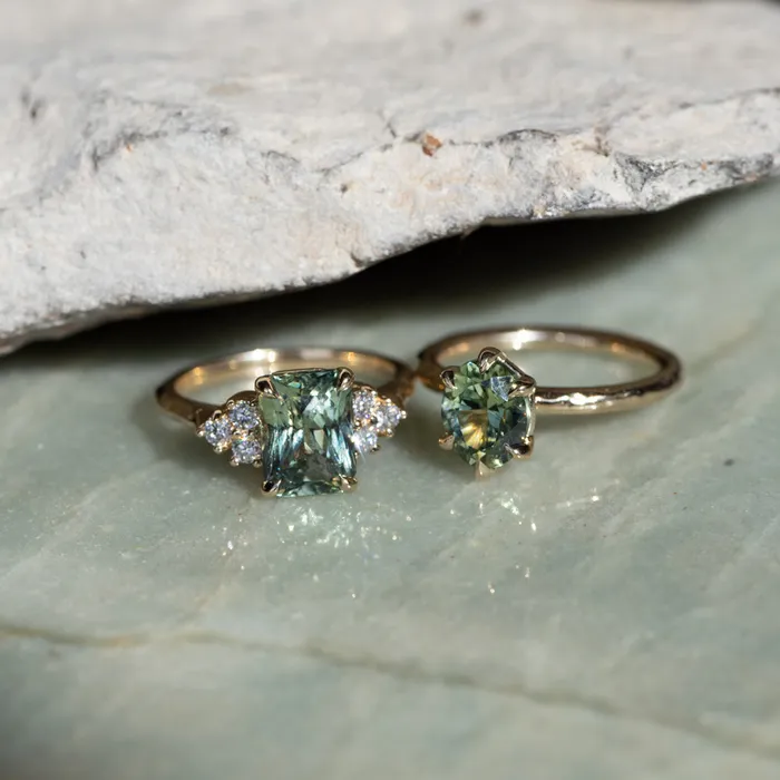 Anueva Jewelry Rings 359ct Olive GreenGrey Untreated Radiant Cut Sapphire and Diamond Cluster Evergreen Ring in 14k Yellow Gold