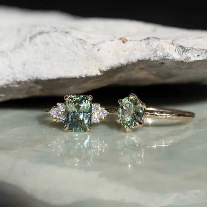 Anueva Jewelry Rings 359ct Olive GreenGrey Untreated Radiant Cut Sapphire and Diamond Cluster Evergreen Ring in 14k Yellow Gold