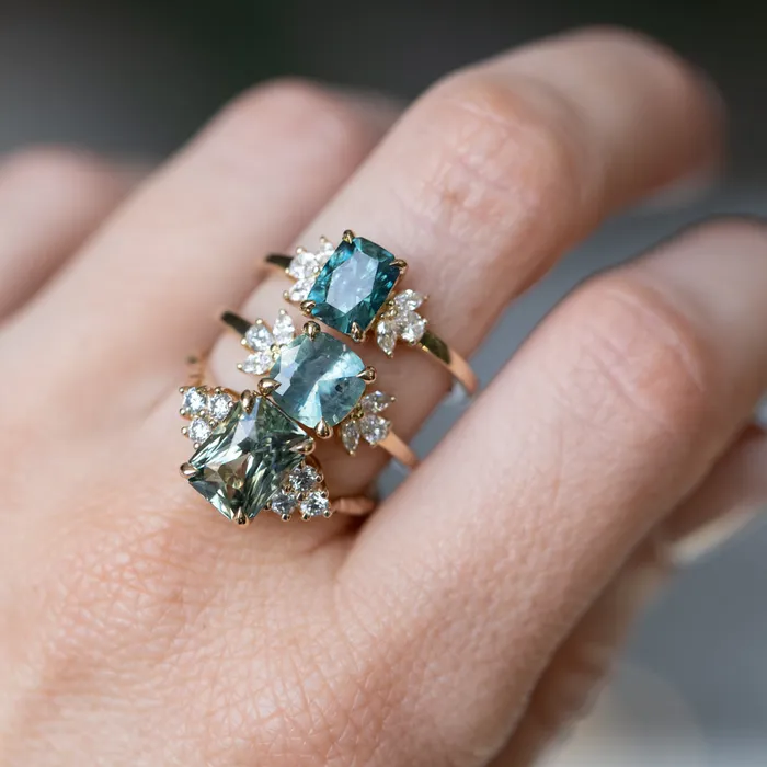 Anueva Jewelry Rings 359ct Olive GreenGrey Untreated Radiant Cut Sapphire and Diamond Cluster Evergreen Ring in 14k Yellow Gold