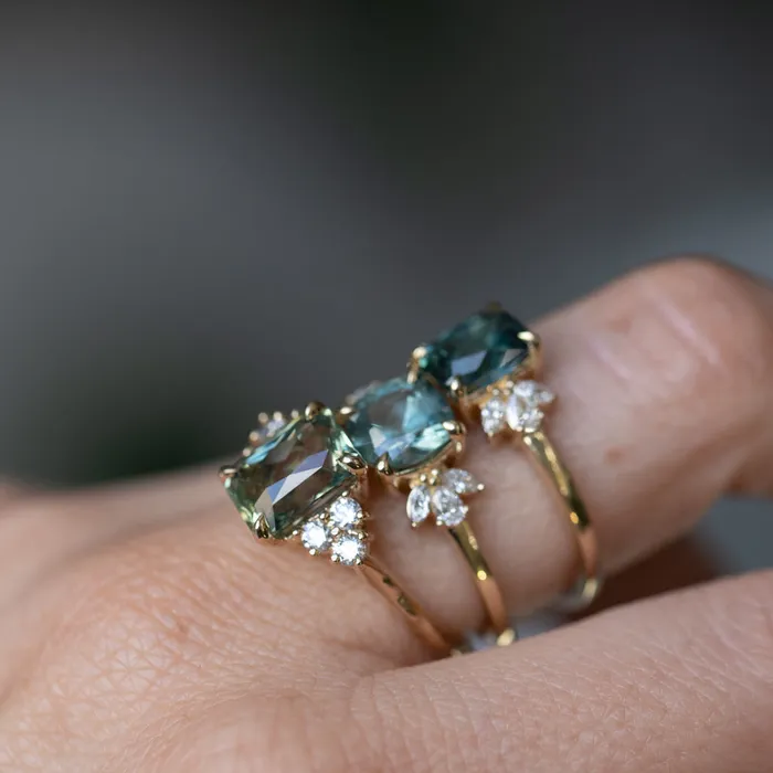 Anueva Jewelry Rings 359ct Olive GreenGrey Untreated Radiant Cut Sapphire and Diamond Cluster Evergreen Ring in 14k Yellow Gold