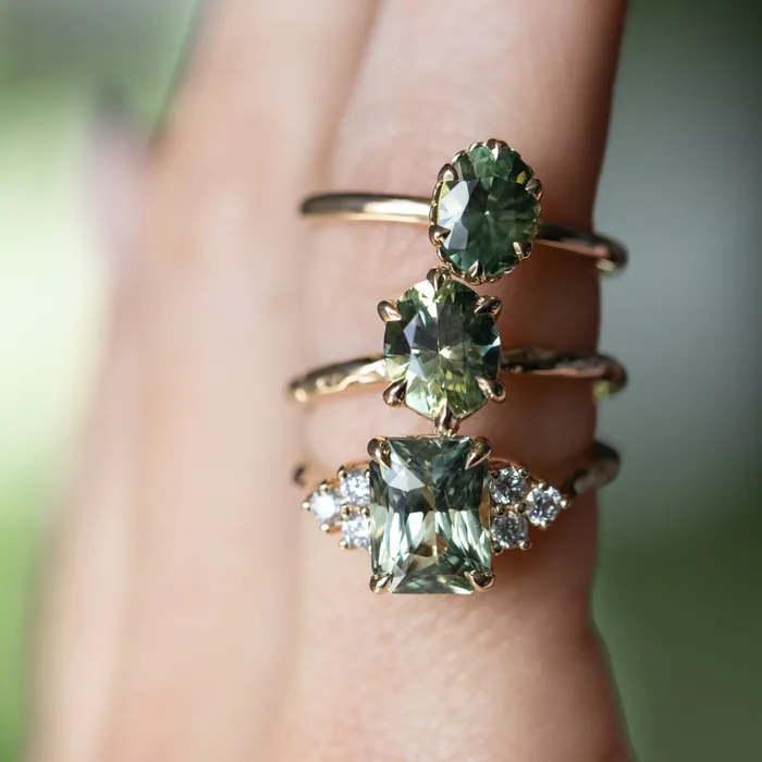 Anueva Jewelry Rings 359ct Olive GreenGrey Untreated Radiant Cut Sapphire and Diamond Cluster Evergreen Ring in 14k Yellow Gold