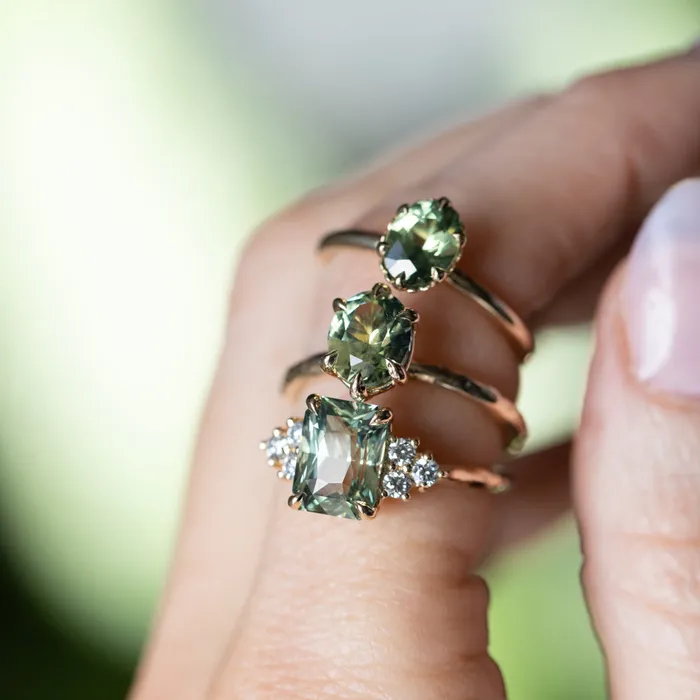 Anueva Jewelry Rings 359ct Olive GreenGrey Untreated Radiant Cut Sapphire and Diamond Cluster Evergreen Ring in 14k Yellow Gold