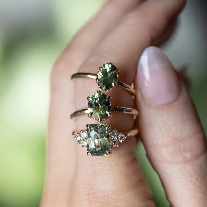 Anueva Jewelry Rings 359ct Olive GreenGrey Untreated Radiant Cut Sapphire and Diamond Cluster Evergreen Ring in 14k Yellow Gold
