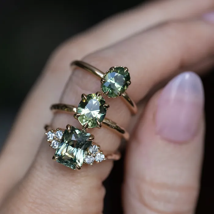 Anueva Jewelry Rings 359ct Olive GreenGrey Untreated Radiant Cut Sapphire and Diamond Cluster Evergreen Ring in 14k Yellow Gold