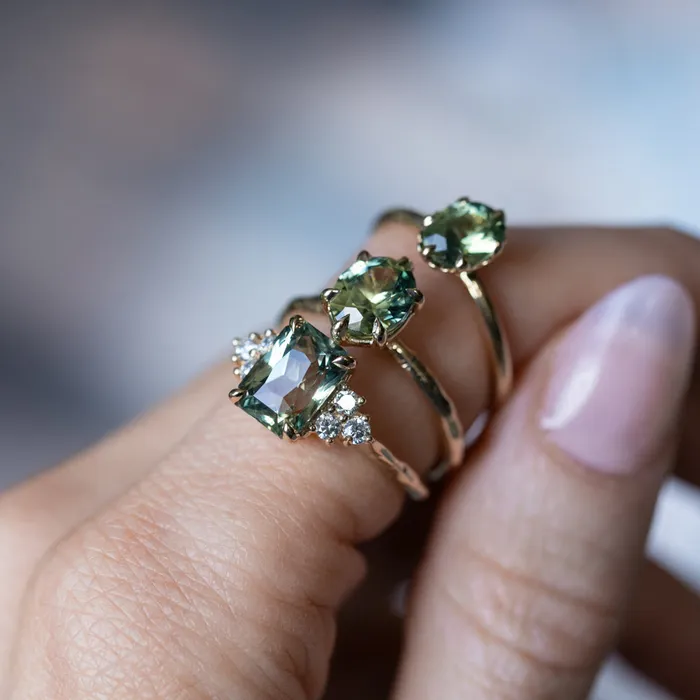 Anueva Jewelry Rings 359ct Olive GreenGrey Untreated Radiant Cut Sapphire and Diamond Cluster Evergreen Ring in 14k Yellow Gold