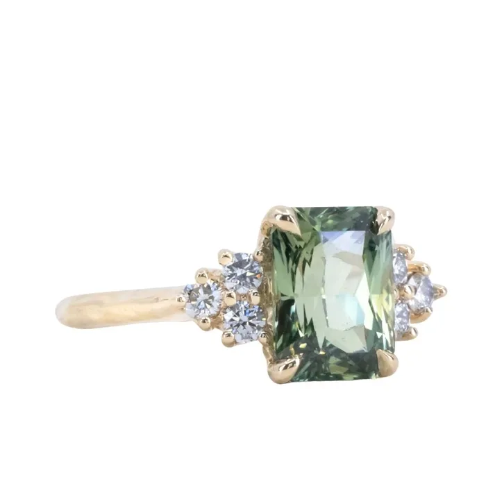 Anueva Jewelry Rings 359ct Olive GreenGrey Untreated Radiant Cut Sapphire and Diamond Cluster Evergreen Ring in 14k Yellow Gold