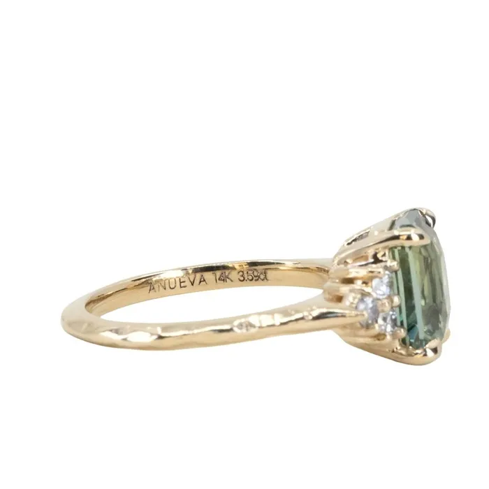 Anueva Jewelry Rings 359ct Olive GreenGrey Untreated Radiant Cut Sapphire and Diamond Cluster Evergreen Ring in 14k Yellow Gold