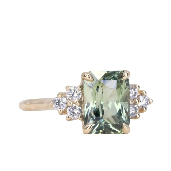 Anueva Jewelry Rings 359ct Olive GreenGrey Untreated Radiant Cut Sapphire and Diamond Cluster Evergreen Ring in 14k Yellow Gold