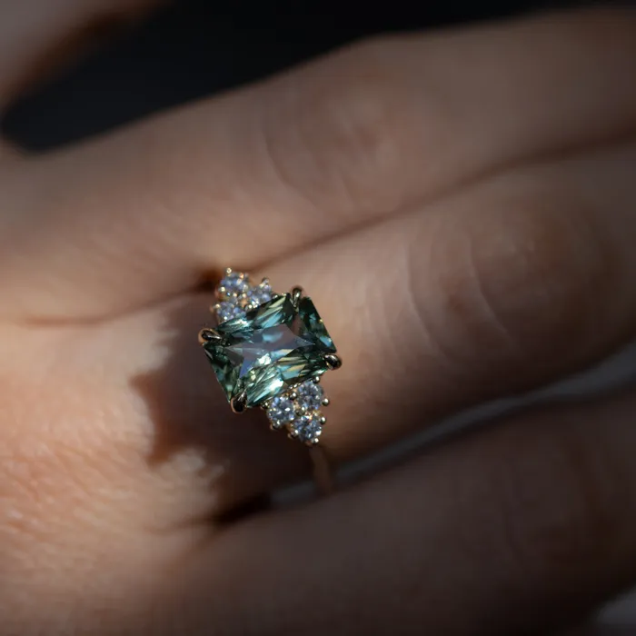 Anueva Jewelry Rings 359ct Olive GreenGrey Untreated Radiant Cut Sapphire and Diamond Cluster Evergreen Ring in 14k Yellow Gold