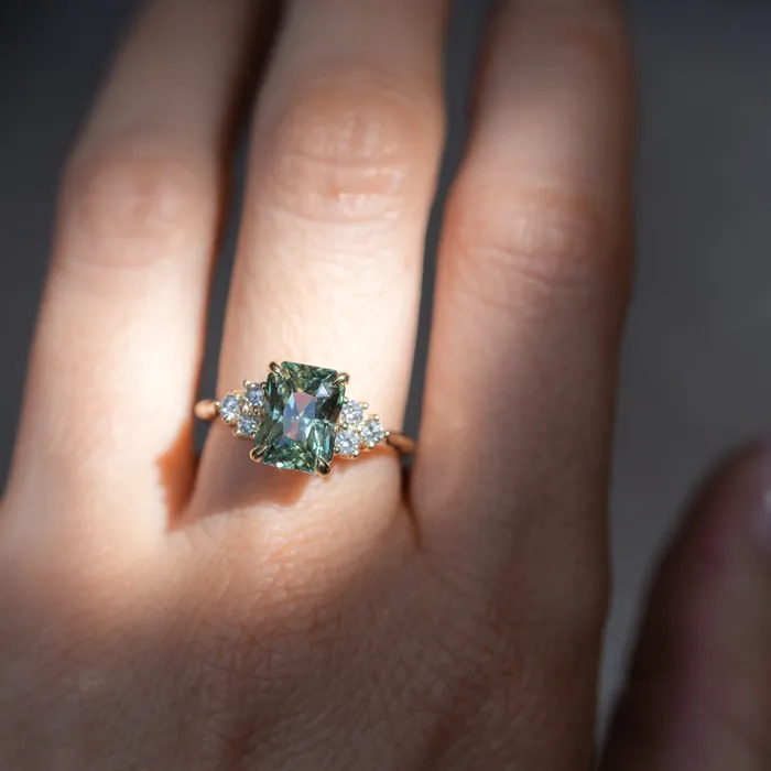 Anueva Jewelry Rings 359ct Olive GreenGrey Untreated Radiant Cut Sapphire and Diamond Cluster Evergreen Ring in 14k Yellow Gold