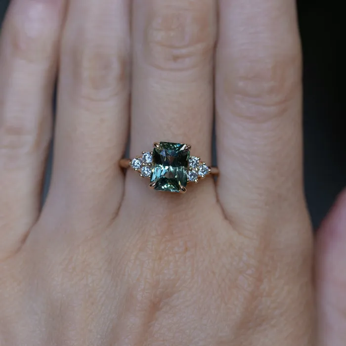 Anueva Jewelry Rings 359ct Olive GreenGrey Untreated Radiant Cut Sapphire and Diamond Cluster Evergreen Ring in 14k Yellow Gold