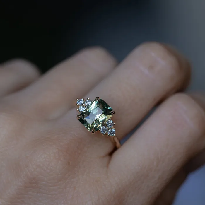 Anueva Jewelry Rings 359ct Olive GreenGrey Untreated Radiant Cut Sapphire and Diamond Cluster Evergreen Ring in 14k Yellow Gold