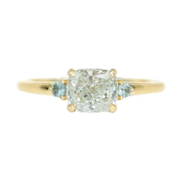 Anueva Jewelry Rings Three Stone Ring featuring 106 reclaimed cushion diamond in EastWest setting Anueva Jewelry Rings Three Stone Ring featuring 106 reclaimed cushion diamond in EastWest setting