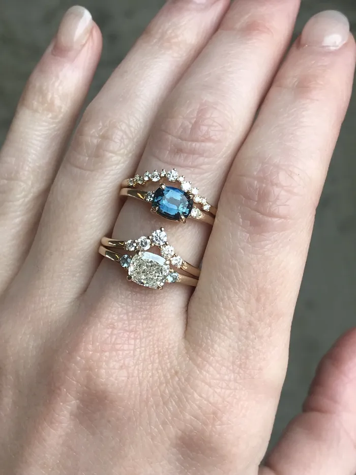 Anueva Jewelry Rings Three Stone Ring featuring 106 reclaimed cushion diamond in EastWest setting