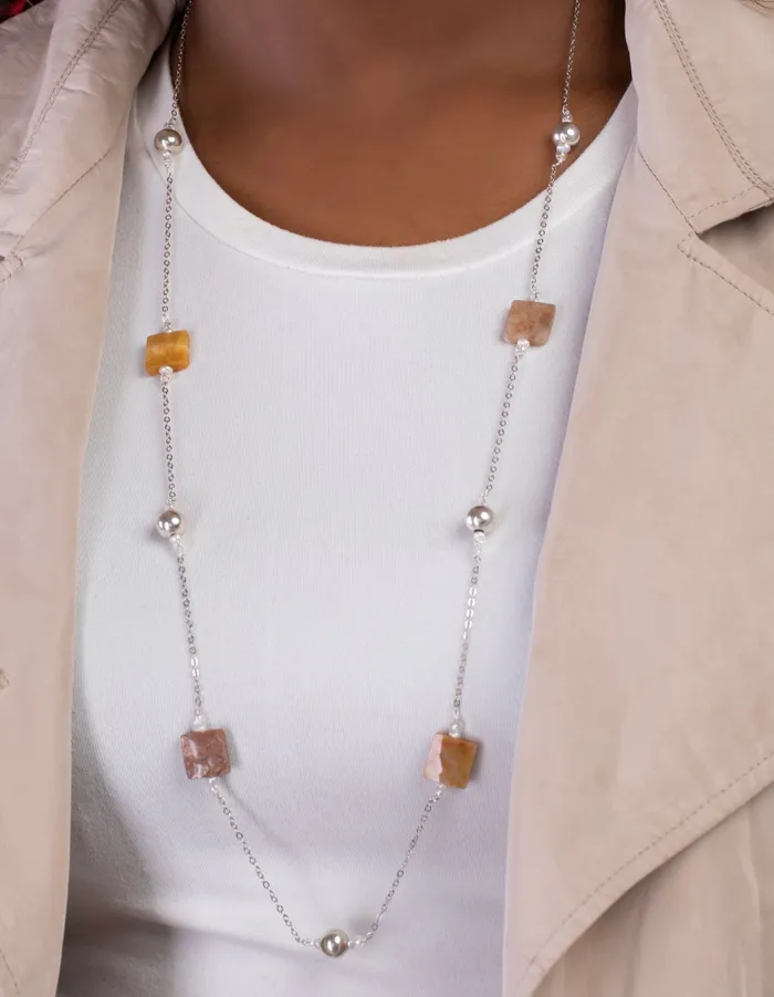 KOAY Silver Store Balls and Brown Quartz Necklace Necklaces