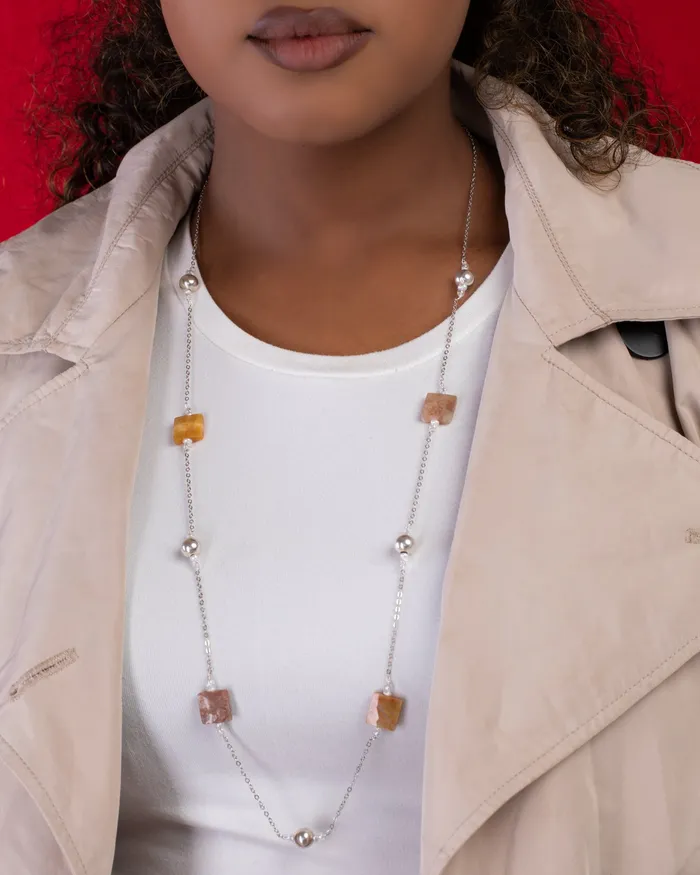 KOAY Silver Store Balls and Brown Quartz Necklace Necklaces