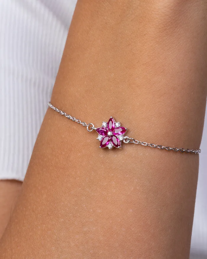 KOAY Silver Store Bracelets Zircon Pink Flower Bracelet