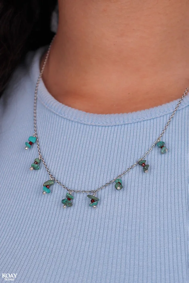 KOAY Silver Store Necklaces Natural Turquoise Red Stones Necklace KOAY Silver Store Necklaces Natural Turquoise Red Stones Necklace