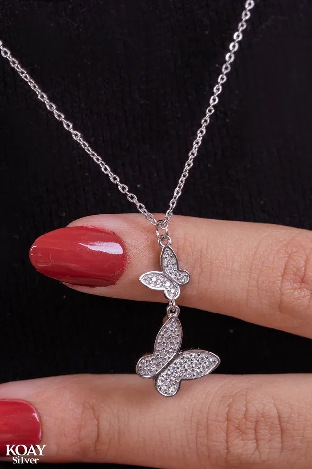 KOAY Silver Store Necklaces Zircon Two Butterfly Necklace
