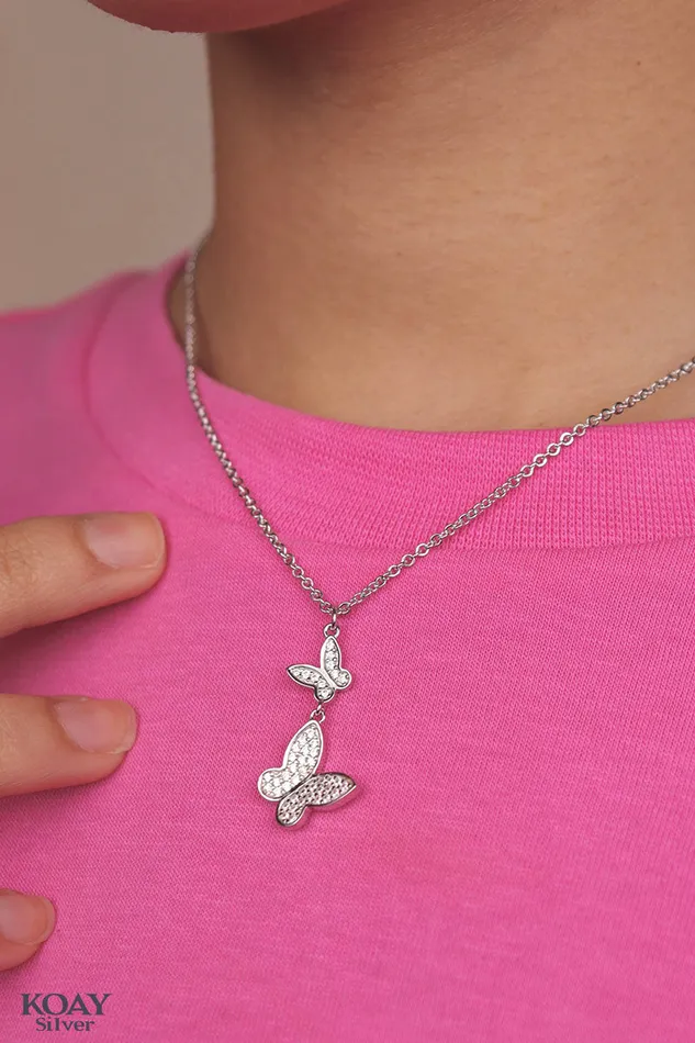 KOAY Silver Store Necklaces Zircon Two Butterfly Necklace