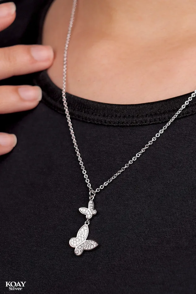 KOAY Silver Store Necklaces Zircon Two Butterfly Necklace