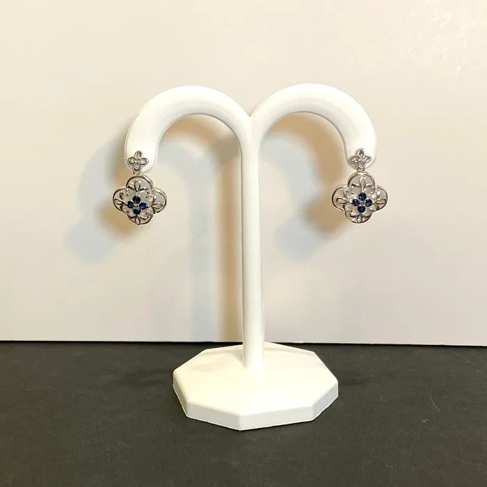 Moriartys Gem Art Earrings 14K White Gold Quatrefoil Mother of Pearl and Sapphire Earrings Moriartys Gem Art Earrings 14K White Gold Quatrefoil Mother of Pearl and Sapphire Earrings