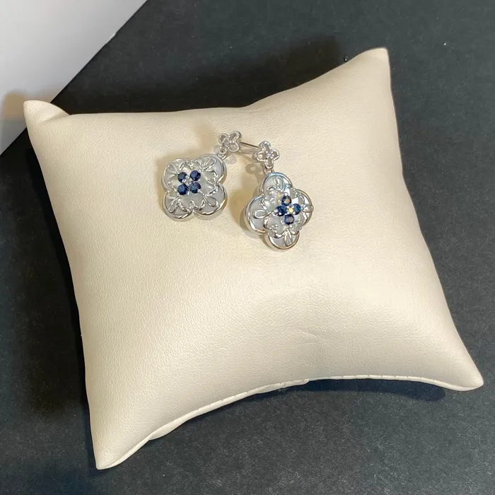 Moriartys Gem Art Earrings 14K White Gold Quatrefoil Mother of Pearl and Sapphire Earrings