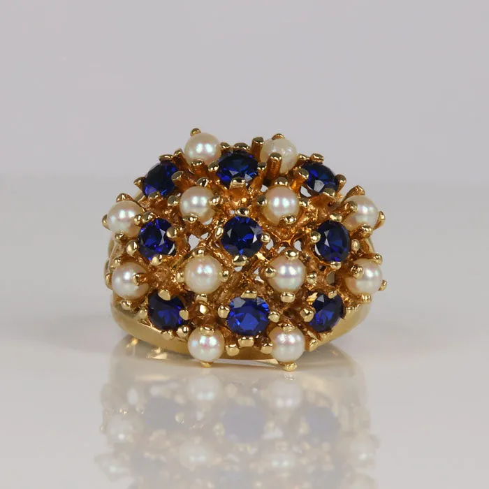 Moriartys Gem Art Rings 14K Yellow Gold Pearl and Synthetic Sapphire Cocktail Ring Moriartys Gem Art Rings 14K Yellow Gold Pearl and Synthetic Sapphire Cocktail Ring