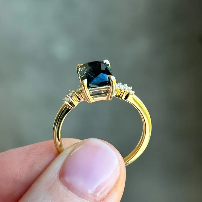 Nashan 307ct Multicolor Teal and Purple Radiant Cut Sapphire and Diamond ring in 14k Yellow Gold Rings