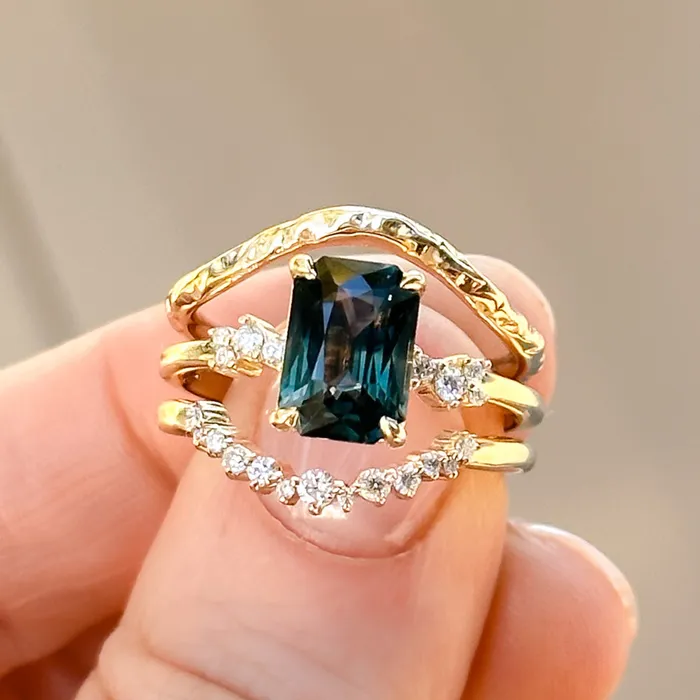 Nashan 307ct Multicolor Teal and Purple Radiant Cut Sapphire and Diamond ring in 14k Yellow Gold Rings