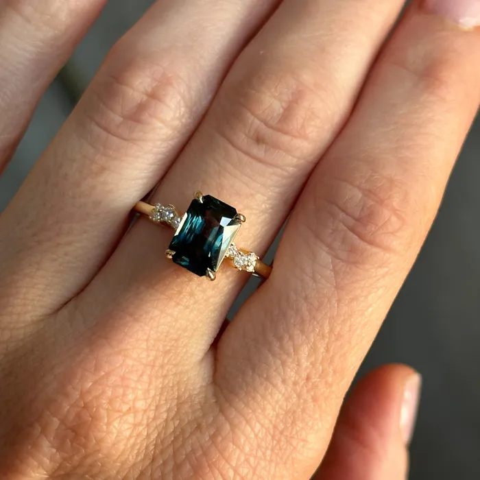 Nashan 307ct Multicolor Teal and Purple Radiant Cut Sapphire and Diamond ring in 14k Yellow Gold Rings