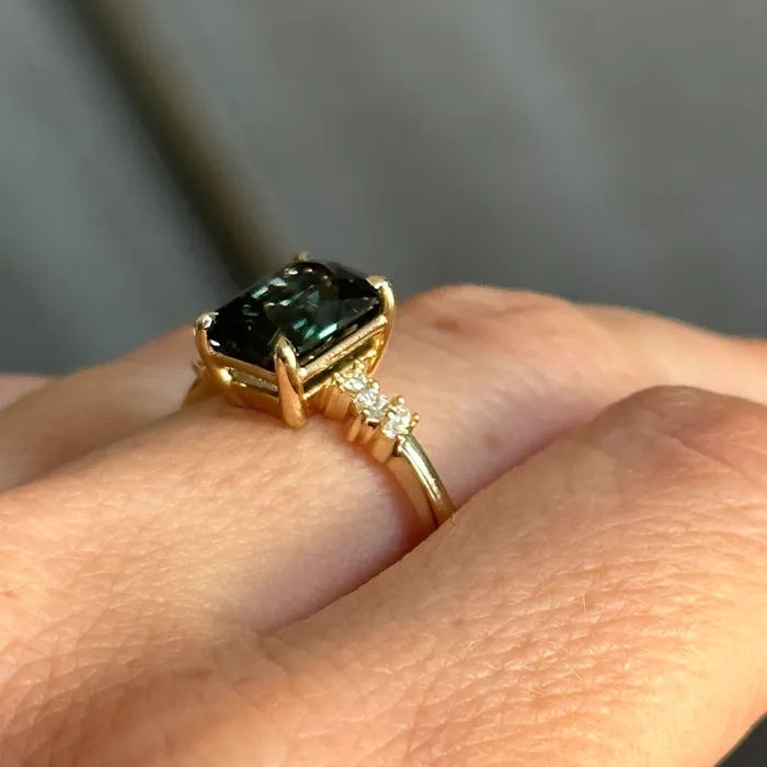 Nashan 307ct Multicolor Teal and Purple Radiant Cut Sapphire and Diamond ring in 14k Yellow Gold Rings